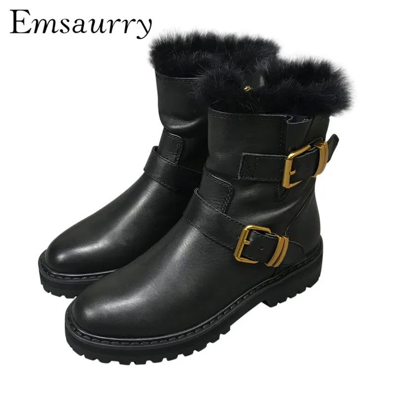 

Autumn Winter Snow Boots Square Low Heel Round Toe Studded Buckle Black Genuine Leather Short Booties For Women