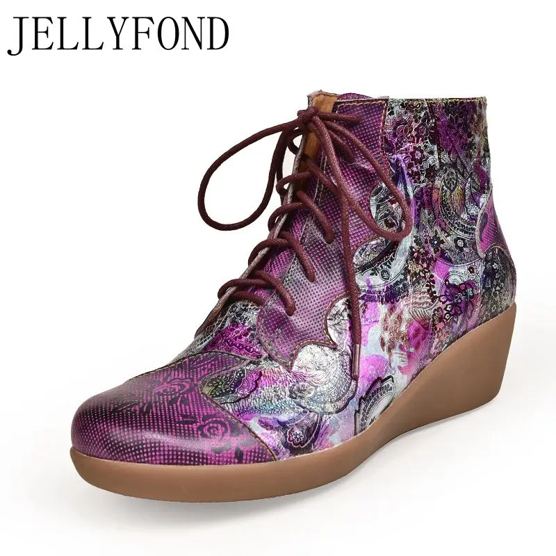 

Ethnic Print Genuine Leather Ankle Boots for Women Winter Boots Platform Wedge Chunky Shoes Pure Handmade Shoes Botas Feminina