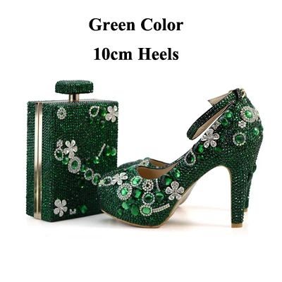 Ручной работы изумрудно-зеленый стразы свадебные туфли с подходящая сумочка на модном толстом каблуке Туфли для выпускного вечера Ремешок на щиколотке с закрыт - Цвет: Green 10cm with Bag