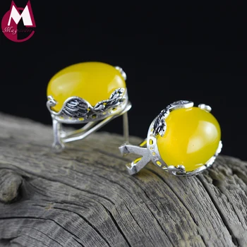 

Oval Yellow Chalcedony Carving Elegant Peacock 100% 925 Sterling Silver Women Jewelry Ethnic Animal Bohemian Earrings 2018