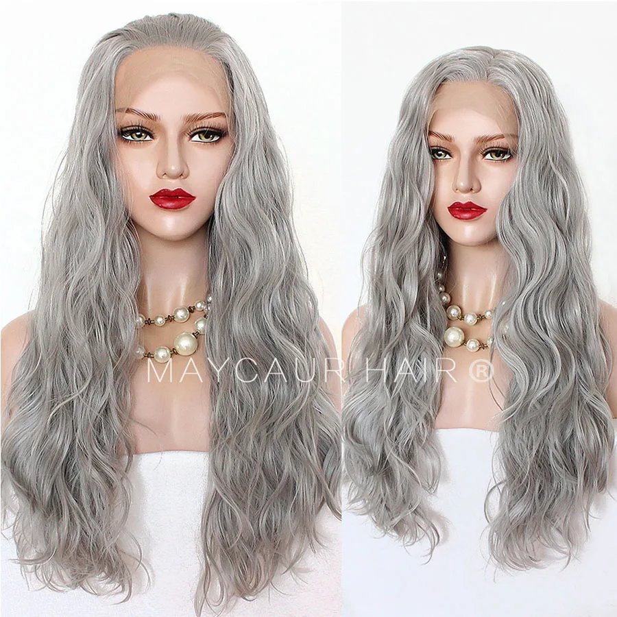 Maycaur Long Grey Color Hair Lace Wigs Loose Wavy Hair Glueless Heat Resistant Synthetic Lace Front Wigs for Black Women (1)