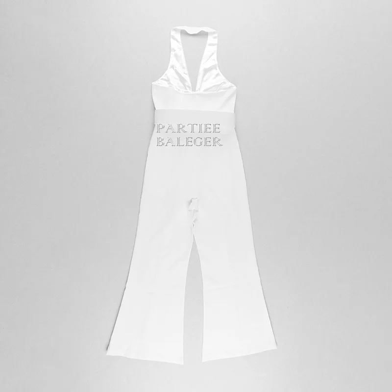 Hot Trendy White Jumpsuit Sexy Sleeveless V Neck Elegant Halter Design Celebrity Party Jumpsuit