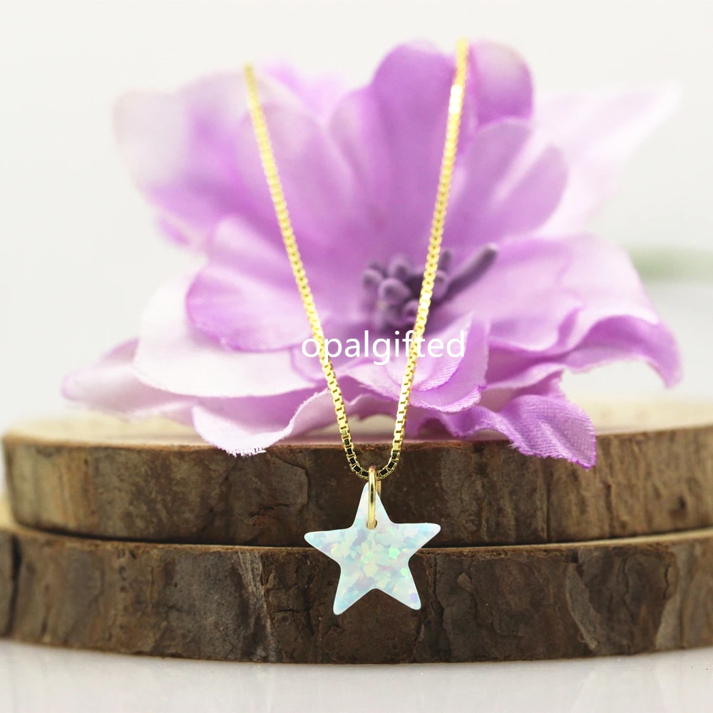 

(1pc/lot)2018 High Quality 10mm white Fire Opal star Pendant Necklace 925 Sterling Silver Synthetic Opal with loop gold necklace