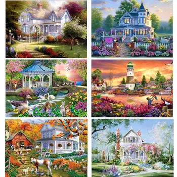 

DIY Diamond Painting Landscape Garden Cottage New 5D Cross Stitch Pattern Resin Round Diamond Embroidery Mosaic Decoration
