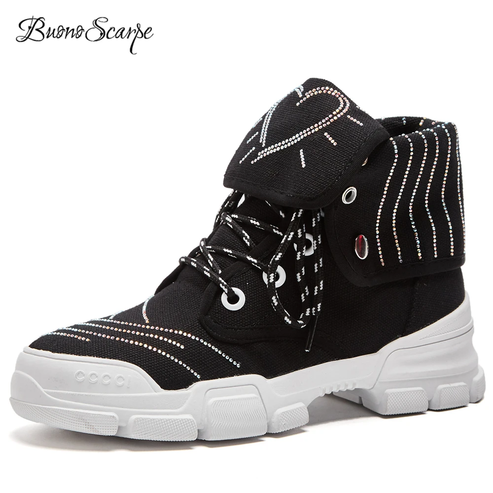 

BuonoScarpe Women Lace Up Canvas High Top Shoes Crystal Heart Fold Sneakers Bling Bling Thick Sole Fashion Sneakers Big Size 42