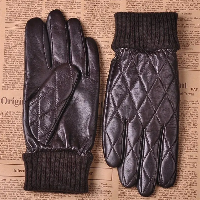 Мужские перчатки из натуральной кожи, модные мужские перчатки из овчины, осенне-зимние теплые бархатные перчатки для вождения, M032NC-5 - Цвет: Brown