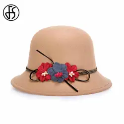 FS Новый стиль элегантный зимняя шапка для женщин хаки черный котелок шапки шерсть фетр милый красный цветок повседневное для