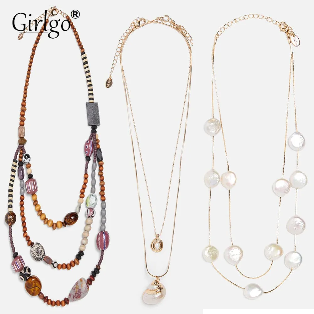 

Girlgo Unique ZA 2019 Shell Pearl Necklaces For Women Factory Wholesale Stones Chokers Necklaces Cute Maxi Chains Jewelry Hot