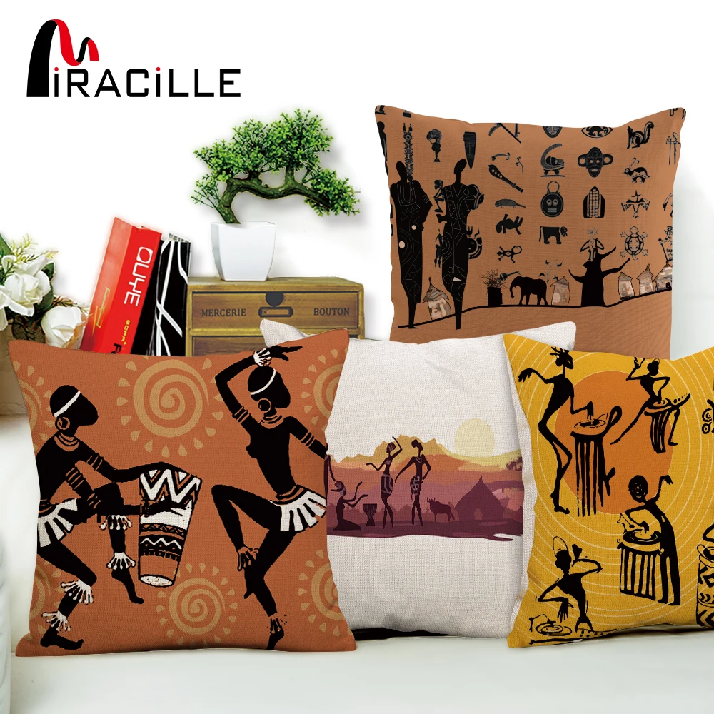 

Miracille Dancing Woman Ethnic Cushion Cover African Style Pillow Case Linen Cotton Color Cloth for Sofa Throw Pillows