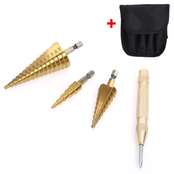 

3pcs 1/4" Hex Shank HSS Step Drill Bit Step Cone Titanium Drill Bits Hole Cutter+Automatic Center Punch Tool 4-12 4-20 4-32mm