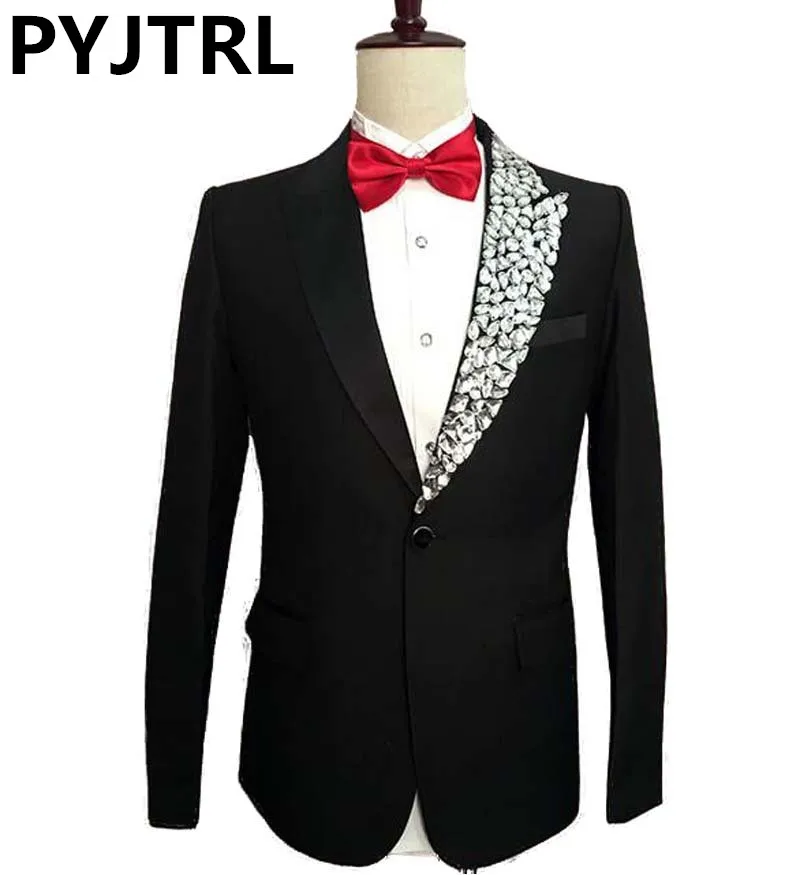 PYJTRL мужская мода кристалл нагрудные черные костюмы сценический певец модератор Свадьба Жених Пром платье костюм Homme Slim Fit