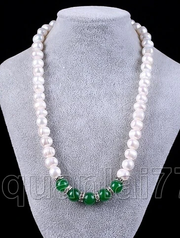 

FREE SHIPPINGNEW 8-9MM REAL WHITE PEARL & 10MM NATURAL GREEN JADE BEADS NECKLACE 18
