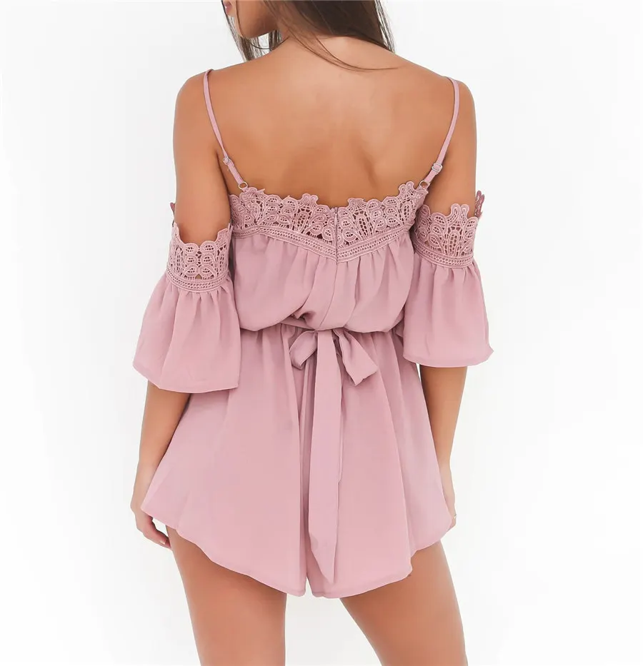 Gladiolus Chiffon Romper Women Short Sleeve Belt Tunic Lace Backless Women Sexy Playsuit 2019 New Summer Rompers Womens Jumpsuit (11)