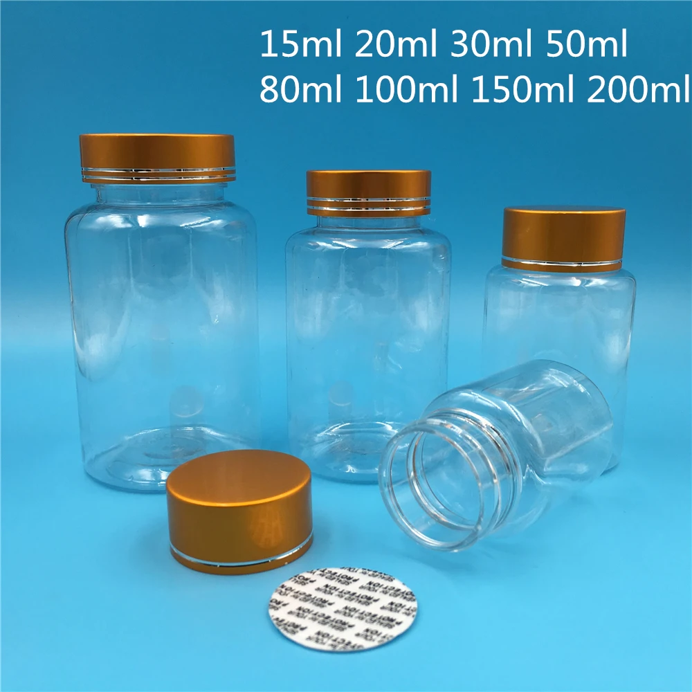 30, 50, 100, 200 мл пустые прозрачные пластиковые бутылки для таблеток с золотой крышкой для специй, пищевые упаковочные контейнеры для образцов 30 шт