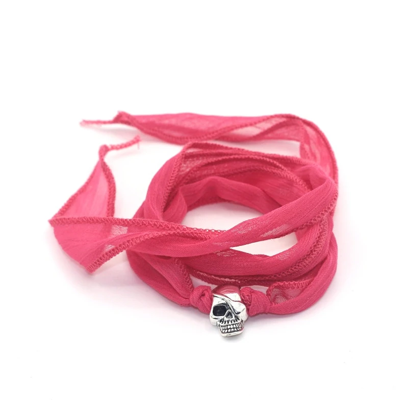 

New Arrival 10 Colors Elegant Sari Silk Ribbon Wrap Yoga with Pirate Skull Charm Fashion Women Bracelet
