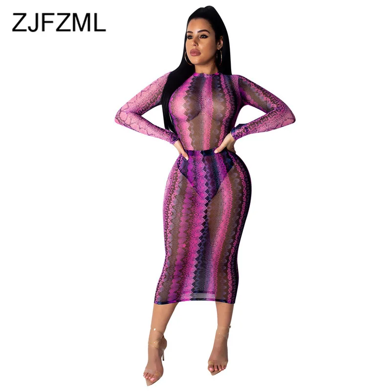 

Snake Skin Print Sexy Bodycon Dresses 2019 Women Mesh Patchwork See Through Party Dress Casual O Neck Long Sleeve Bandage Dress