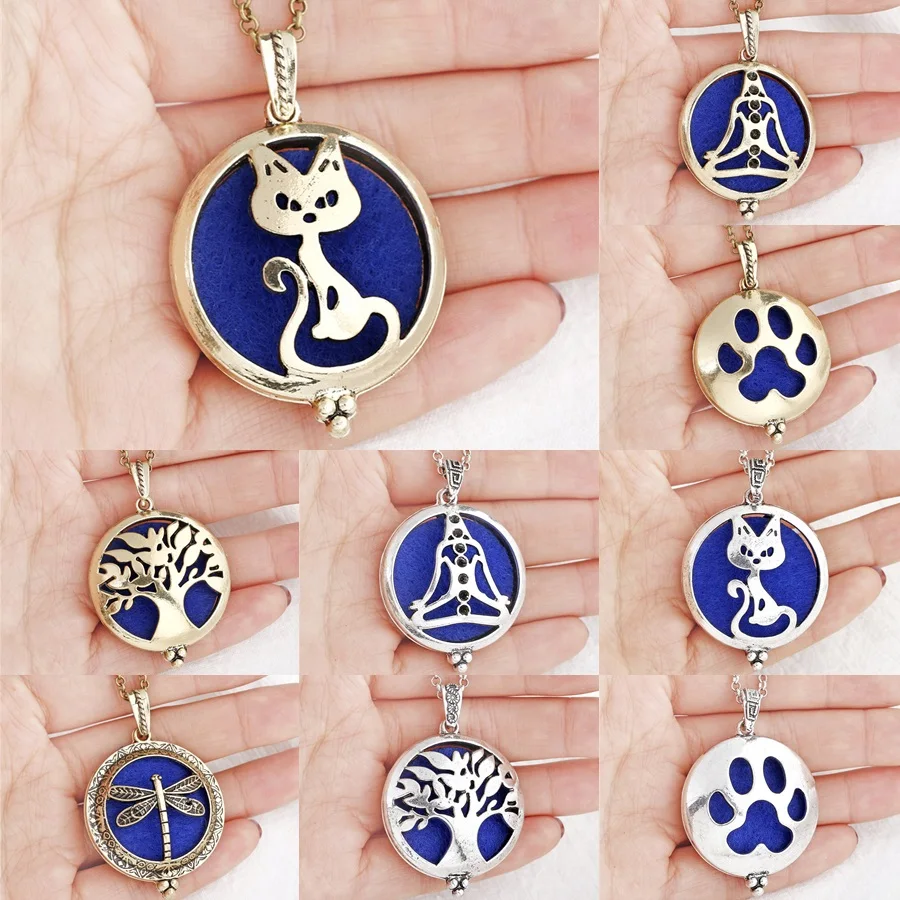 

Antiqued Silver / Bronze Cat Paw Life Tree Yoga Aroma Necklace Essential Oil Diffuser Magnetic Closure Locket Bohemia Necklace