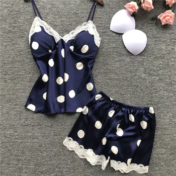 

Women's 2 Piece Silk Satin Pajamas Set Sexy Sling Sleep White Lace Dot Sleepwear Pyjamas Set Nightwear Lingerie pizama damska