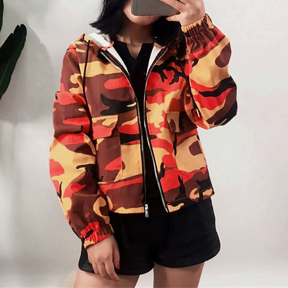 

Outerwear & Coats Jackets Long Sleeve Hooded Camouflage Oversize Zipper Pockets Jackets Sport Coat and jackets women