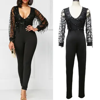 

Body Feminino Polyester Top Catsuit Vadim Solid Bodysuit Women Free Shipping 2020 New Sequins V-neck Jumpsuit Sexy Long-sleeved