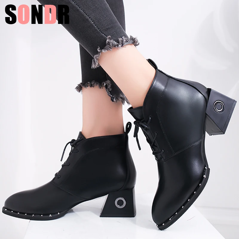 2018 Fashion Quality Rivets Ankle Booties Women Autumn Winter lace-up 5 Cm Med Heels Shoes Woman size 35-39 | Обувь