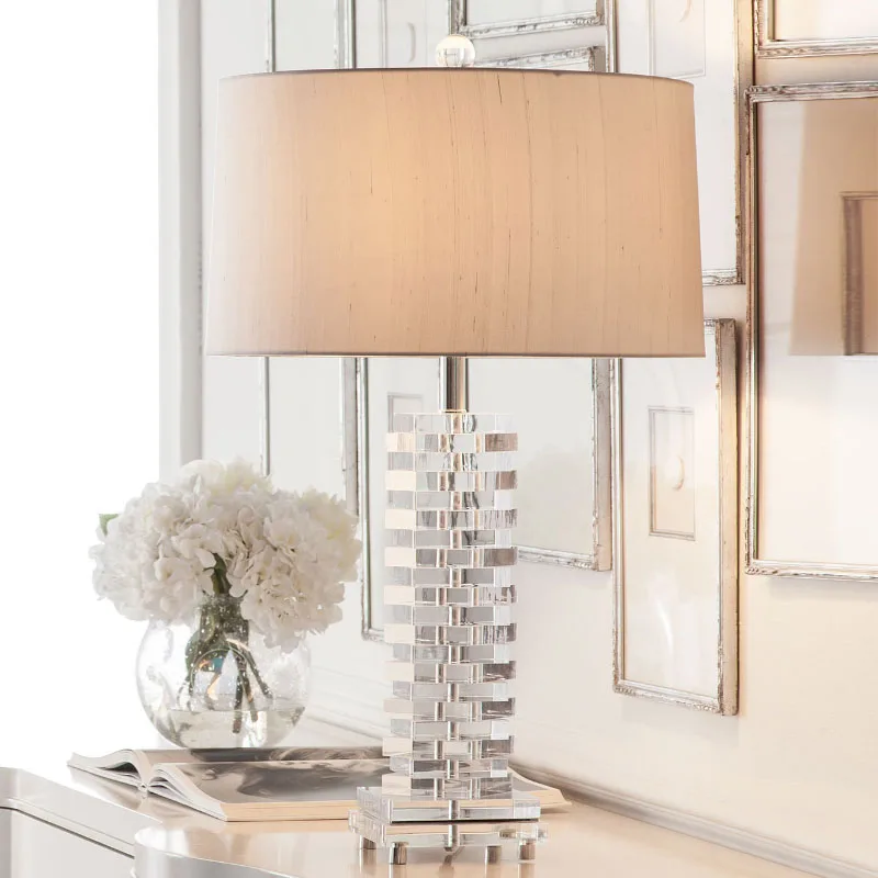 

Modern K9 Crystal Table Lamp for Bedroom Mixed Color Lampshade K9 Stacked Crystal Button Switch Table Lamp Large Table Lamps