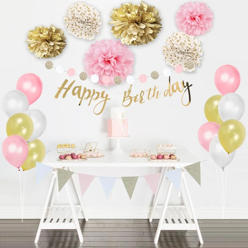 

2018 New! Set of 24 Gold/Pink/white Birthday Party Decorations Banner Bunting Balloons Pom Pom Flowers Party Supplies