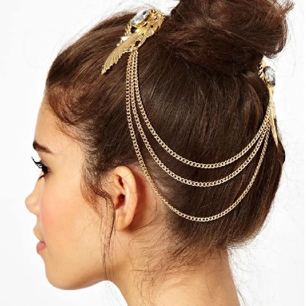 Hair Clip Pins Women Gold plating Tassel Headbands Head Band Jewelry Headpiece Tone Crystal