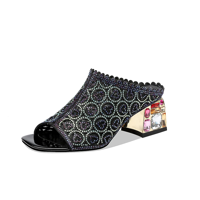 

Fashion Rhinestone Sandals Women Slippers Fish Head Diamond Yards Summer Sandals Thick High Heels Female Sandals Shoes