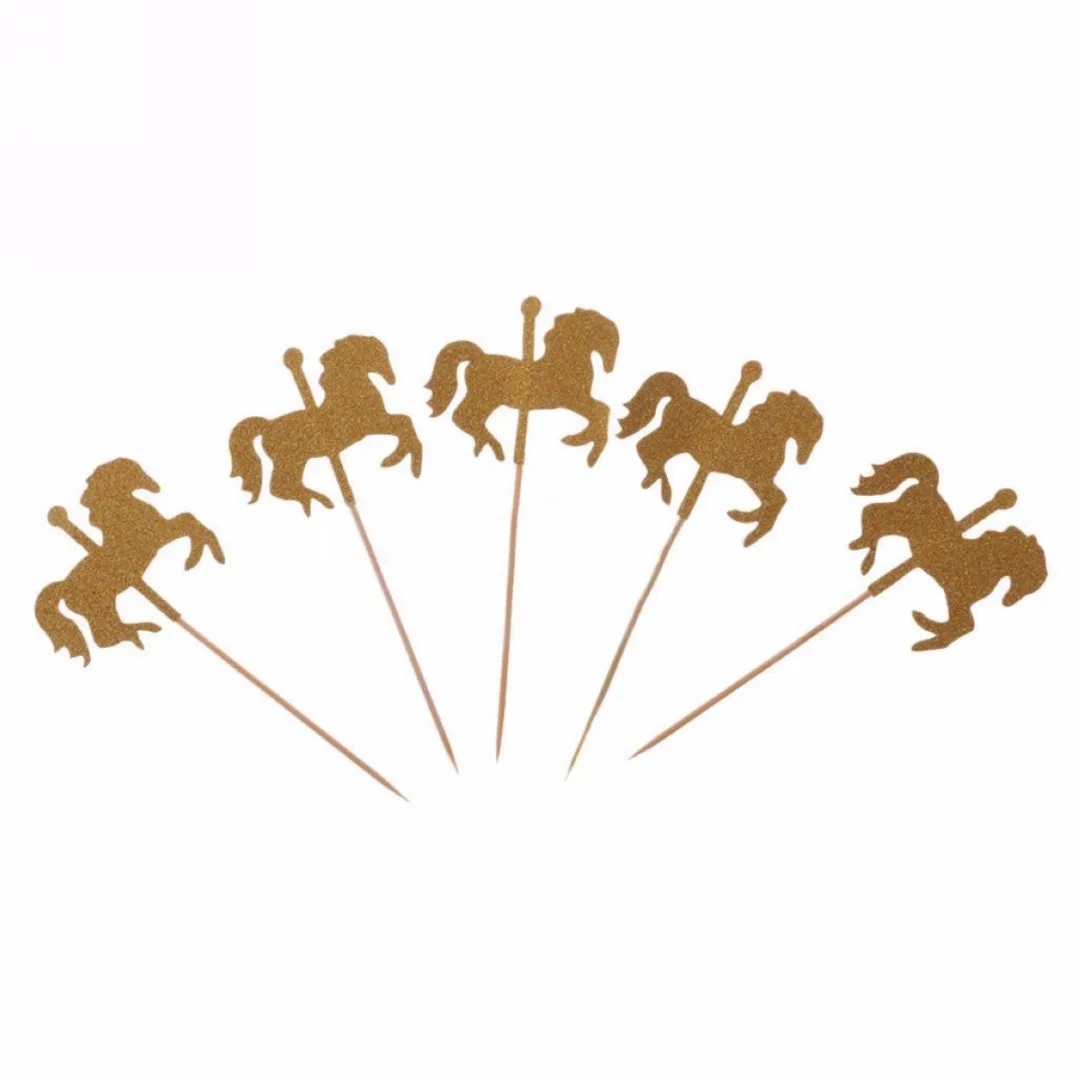 5pcs/set  Glitter Rotating Horse Cupcake Picks Cake Toppers Party Wedding Decoration Gold/Silver