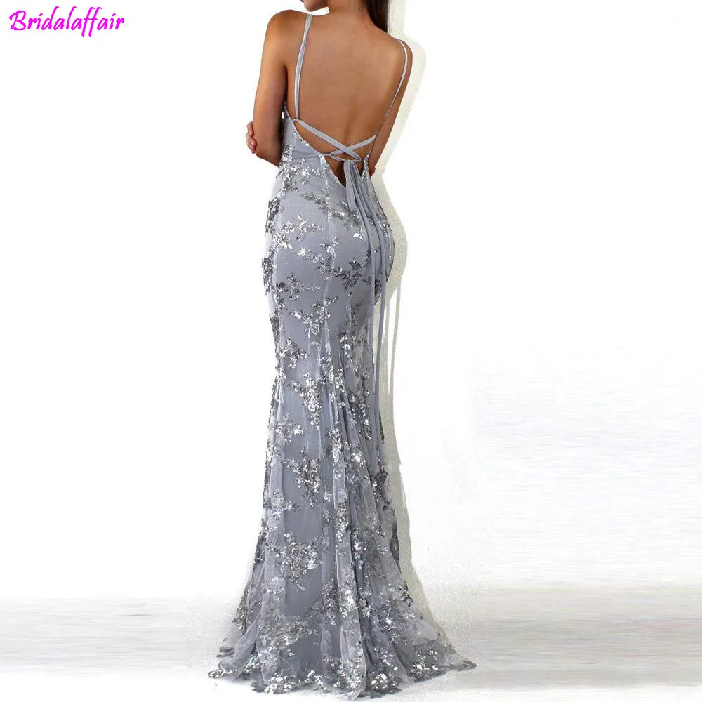 

Sexy Silver Mermaid Long Evening Dresses 2019 Princess Evening Gowns For Women V-Neck Embroidery Lace Backless Cheap Party Dress