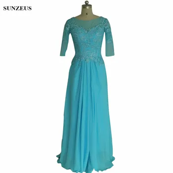 

Beaded Appliques Blue Mother Of The Bride Dresses A-line Half Sleeve Long Women Party Gowns Chiffon Groom Mother Real Dress M076
