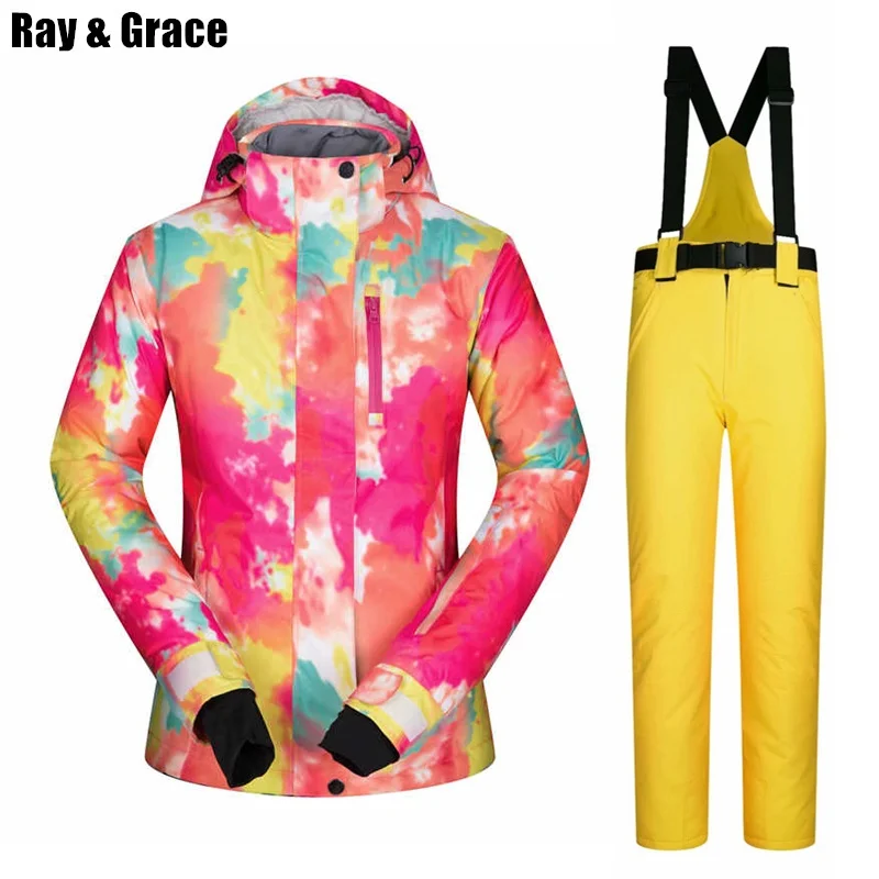 

RAY GRACE Ski Suit Pants Jacket Snow Women Waterproof Thermal Ski Suit Fleece Thick Winter Clothes Female Snowboarding Sports