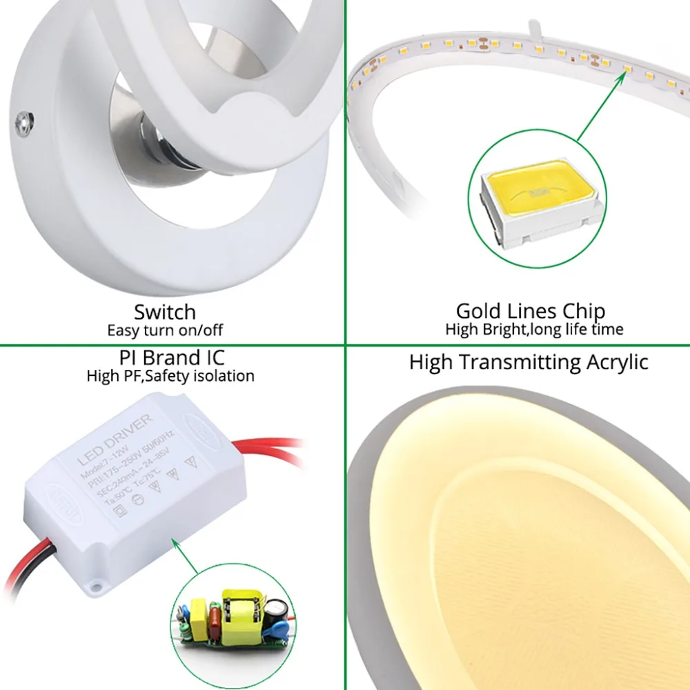Светодиодный светильник, современный настенный светильник, акриловое бра, 12 Вт, AC90-260V, овальная форма, для помещений, ванной комнаты, спальни, гостиной, прихожей, художественное украшение