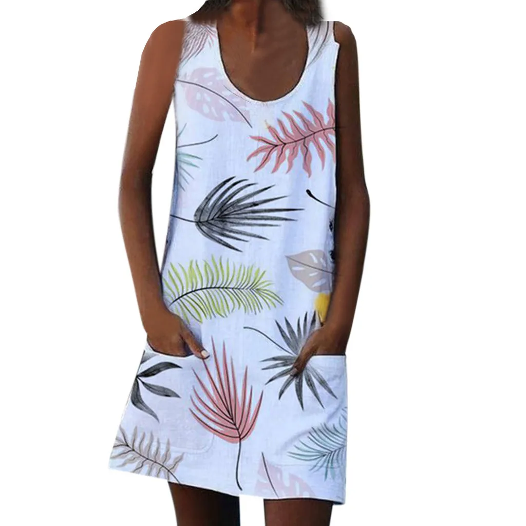 

Women Summer 2019 Mini Dress Sleeveless Bohemian Leaf Printed O-Neck Dresses Pockets Sundress Casual Mini Dress #P5