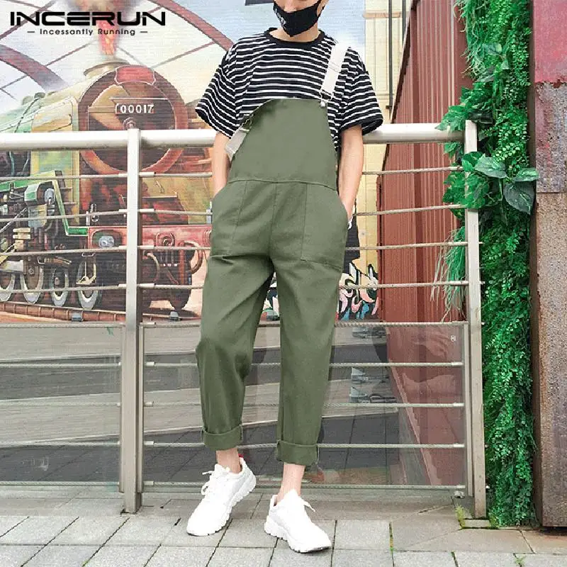 

2019 Streetwear Overalls Men Jumpsuit Pants Cotton Hip-hop Straps Pockets Casual Loose Suspenders Solid Chic Male Romper INCERUN