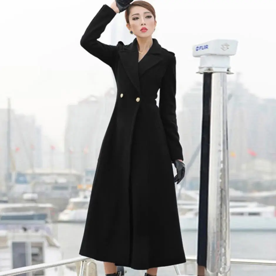 

2019 winter elegant military style x-long Double breasted coat woolen overcoat Lapel waist wool blends coat