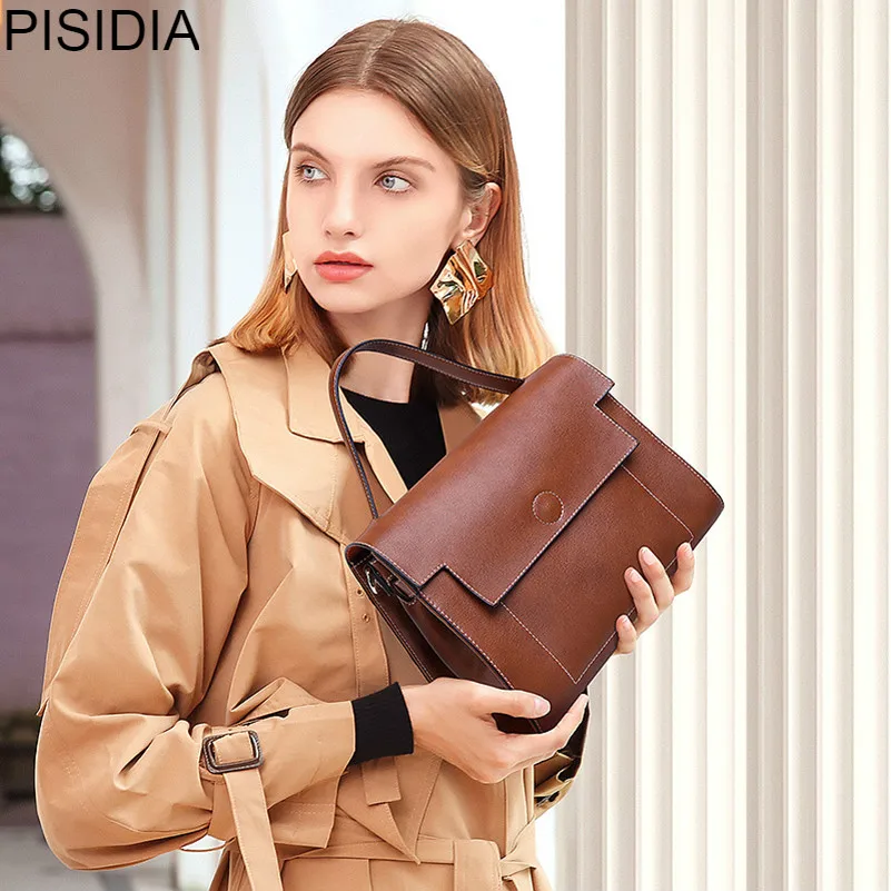 

PISIDIA women's bag female genuine leather Fashion Real Cow Leather women bag Women Leather Handbags Casual Brown Satchels bags