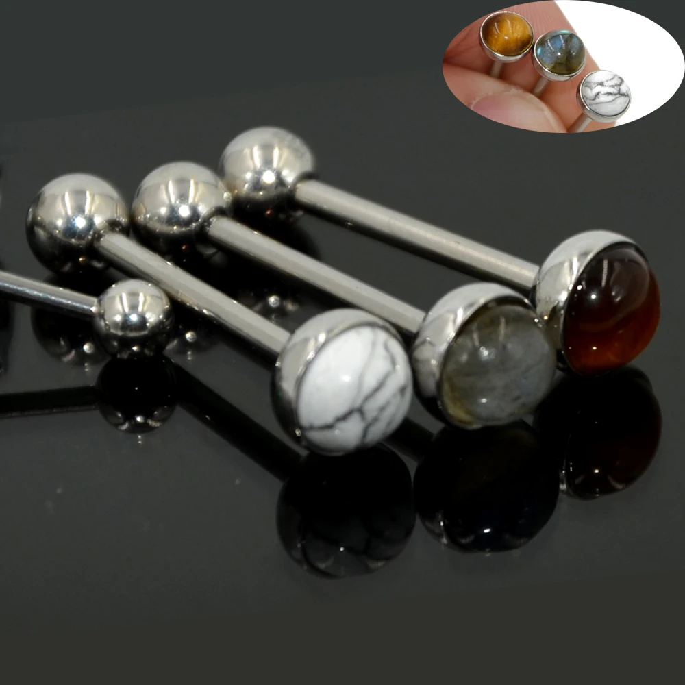 1Piece Titanium Or Steel Barbell Labradorite Tiger Eye White Line Stone Tongue Barbell Ring Body Piercing Tougue Bar Jewelry