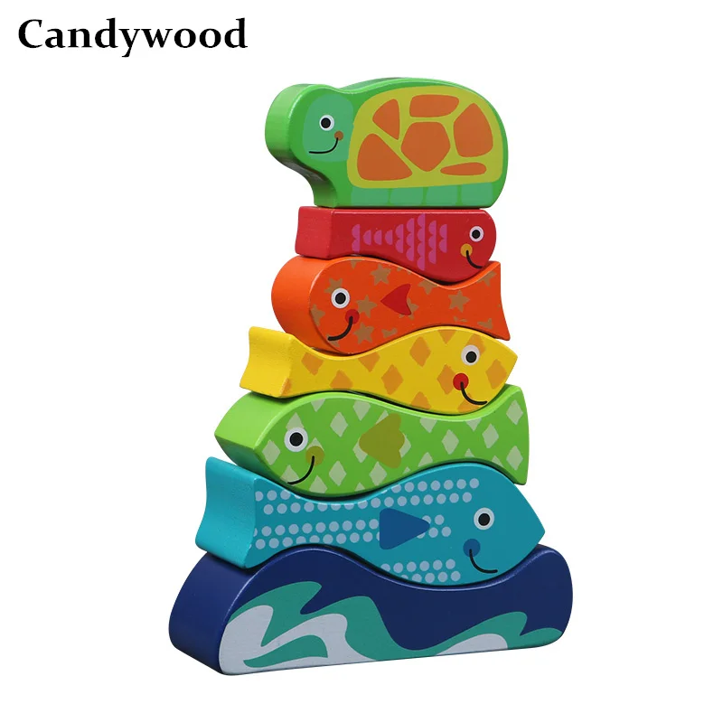 

2018 New High quality Colorful Fish Stacked high blocks Pile tower children kids Educational wooden toys early Montessori toys