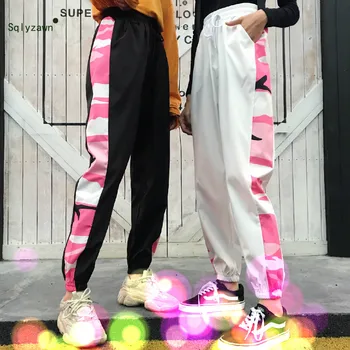 

2019 Women Streetwear Black White Cargo Pants Harajuku Camouflage Printed Jogger Elastic Waist Sweatpants Pockets Trousers