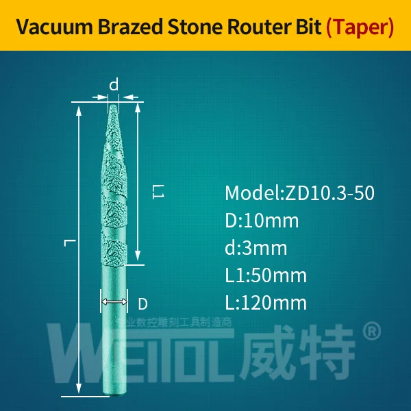 Weitol 6/8/12 мм пайки камень Биты для гравировки мрамора гранита инструменты для резьбы по дереву ЧПУ фрезы для контурной обработки конические Концевая фреза - Длина режущей кромки: ZD10.3-50