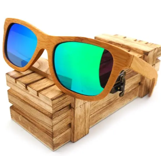 BOBO BIRD, натуральные бамбуковые солнцезащитные очки ручной работы, винтажные Поляризованные зеркальные линзы, очки gafas de sol - Цвет линз: Blue Lens