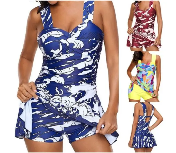 

Plus Size Summer Swim Skirt Swimwear Tankini Big Size 5XL Bathing 2019 Push Up Two Piece Print Halter Swimming Dress