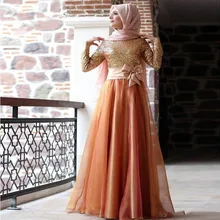 Modest Shiny Sequins Muslim Evening Dresses High Collar Full Sleeves Hijab Elegant 2017 Chiffon Kaftan Long Formal Party Dress