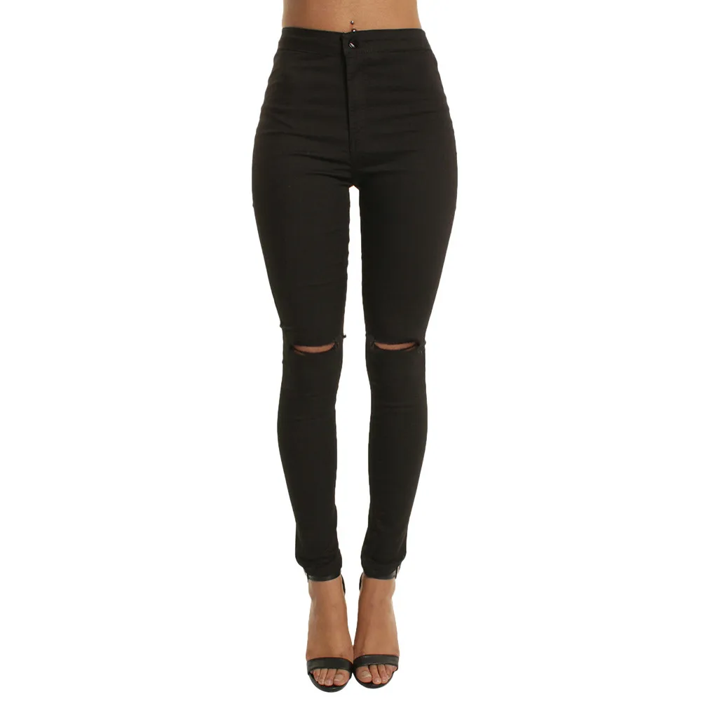 Высокие женские узкие джинсы Уличная белая женская джинсовая брюки Узкие женские рваные джинсы в мужском стиле - Цвет: Черный