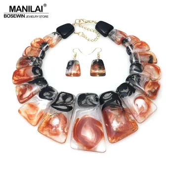

MANILAI Big Colouration Clear Resin Statement Necklaces Sets With Earrings Women Geometric Choker Necklace Fashion Jewelry Set
