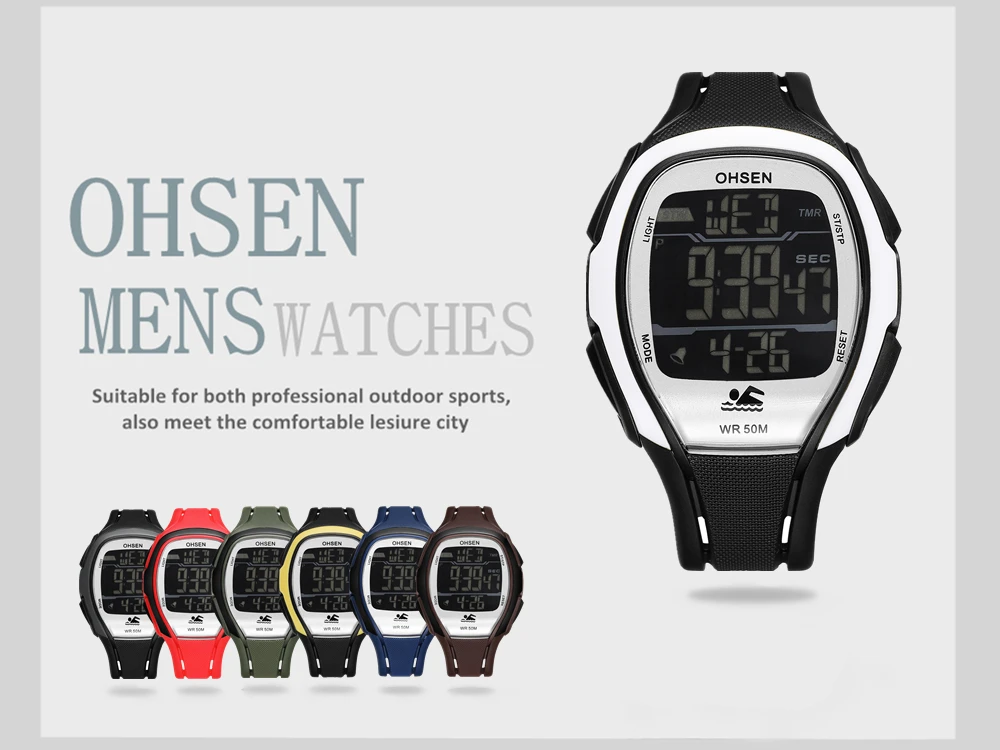 2018 OHSEN цифровые lcd мужские наручные часы подарки 50 м Дайвинг резиновый ремешок с календарем, будильником, секундомером белые модные