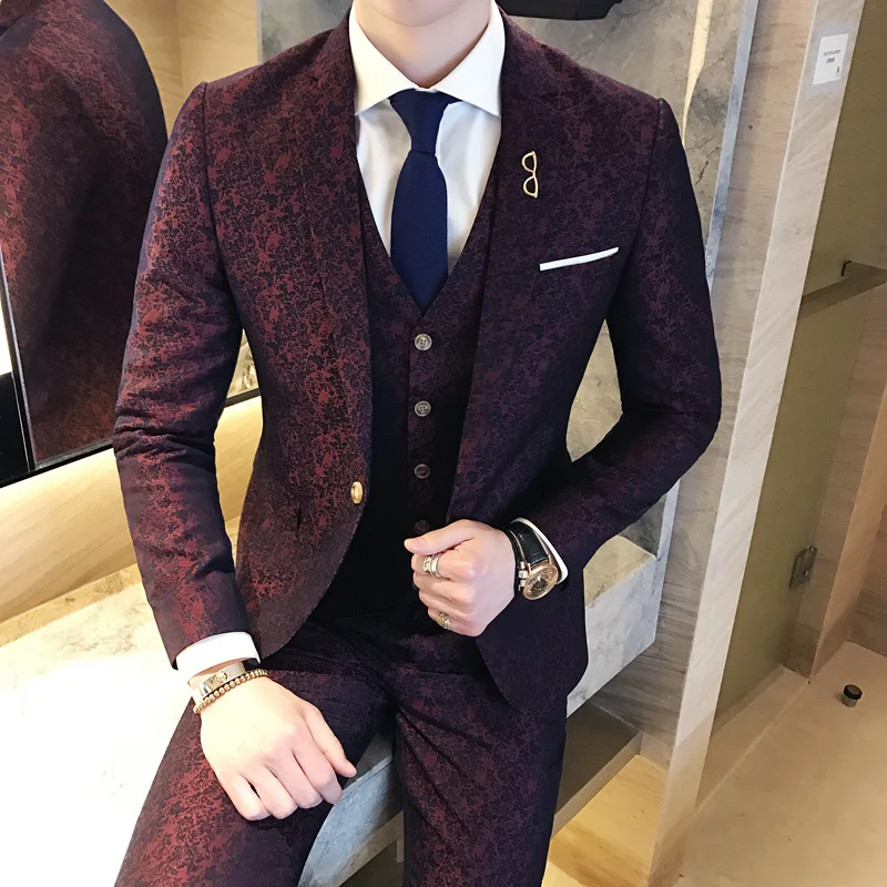 Tuxedo Paisley Jacquard Suit 3XL in Luxury Wine Red for Men's Wedding Costume Vintage British Style with Pants image 4