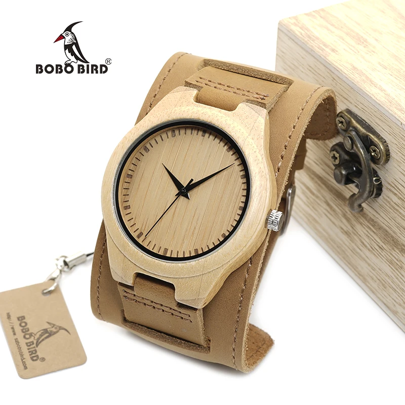 BOBO BIRD Mens Bamboo Wood Watches Chicago Bracelets Detachable Wide Genuine Leather Band Straps with Gift